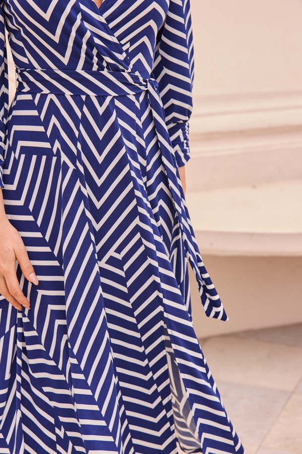 Navy Blue & White Geometric Stripe Print Wrap Dress
