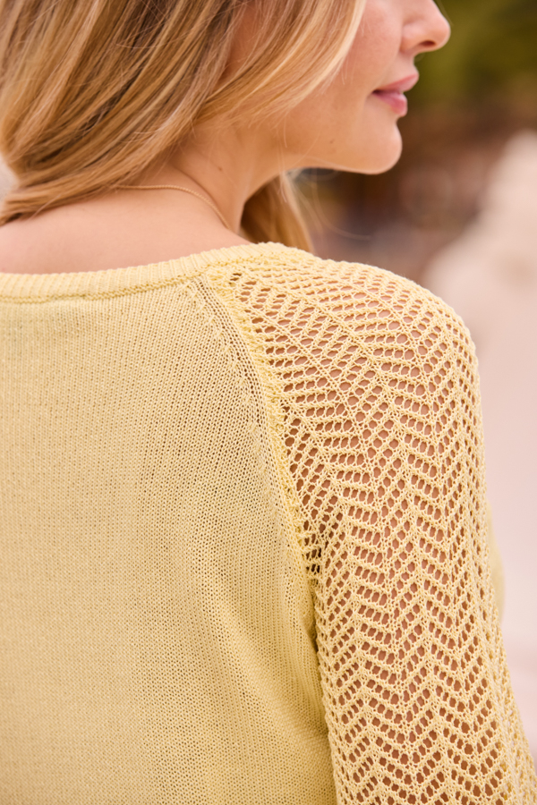 Lemon Yellow Pointelle Sleeve Boat Neck Jumper