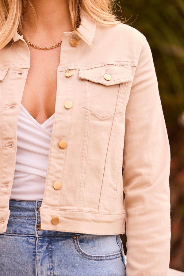 Ecru Denim Jacket With Gold Button Detail