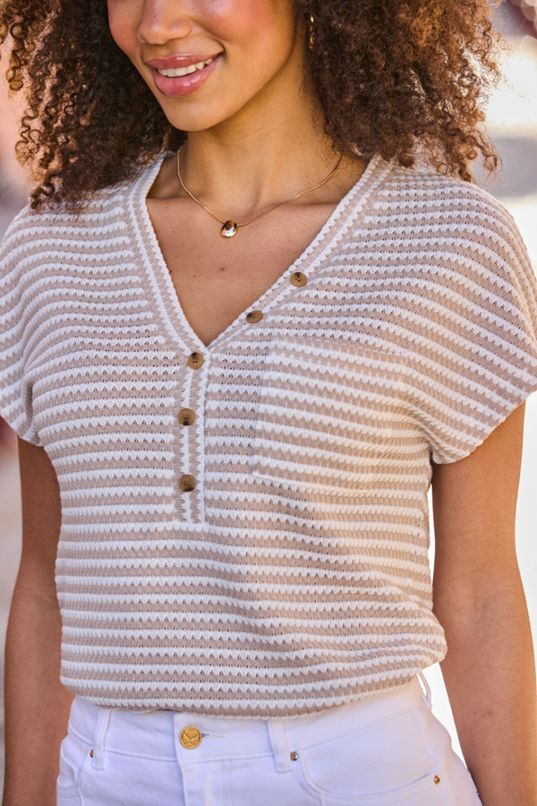 Taupe Stripe Textured Button Front Top
