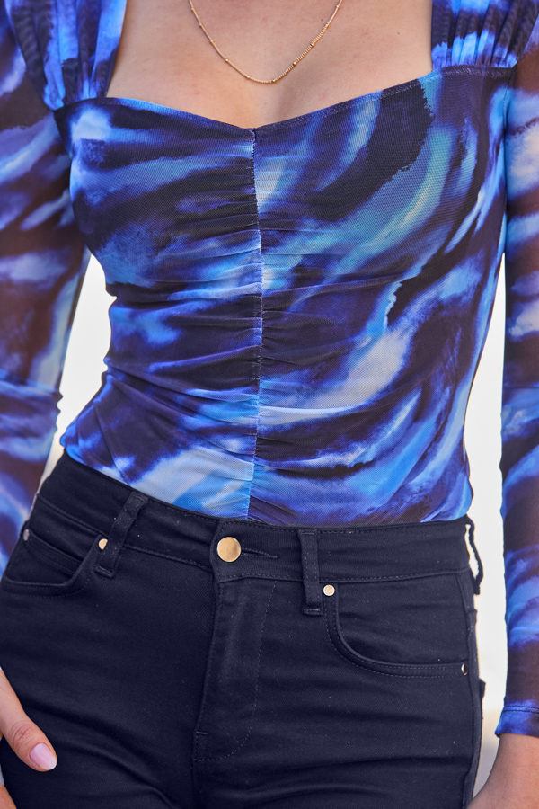 Blue Abstract Print Square Neck Ruched Detail Top