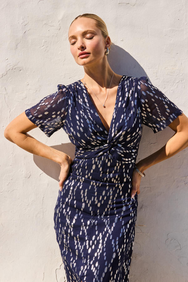 Navy Blue & Silver Fleck Print Twist Front Dress