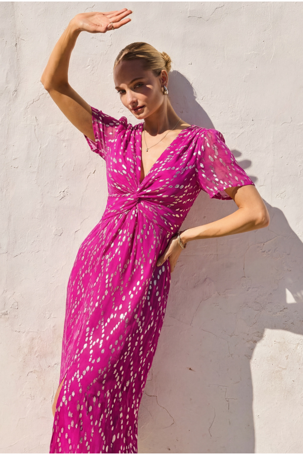 Pink Metallic Fleck Print Twist Front Dress