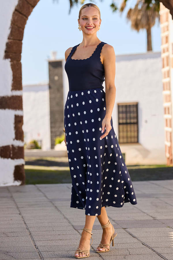 Navy Blue Spot Print Satin Skirt