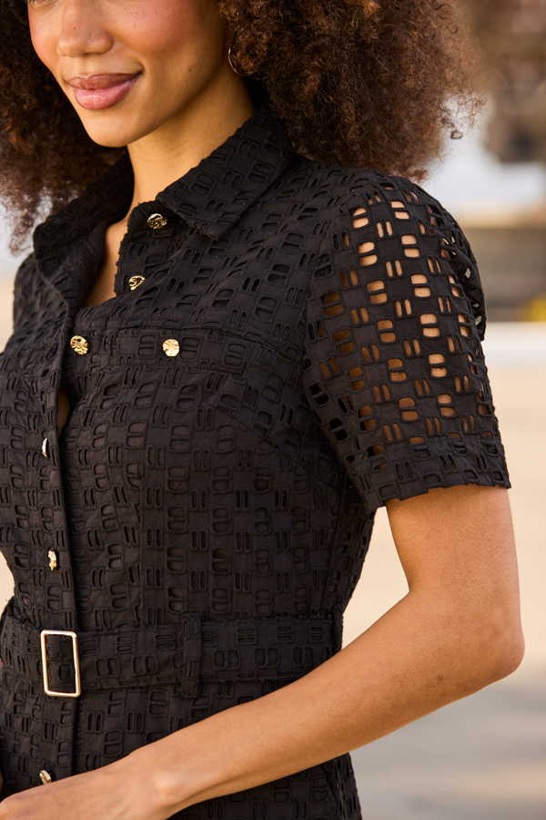 Black Broderie Mini Shirt Dress