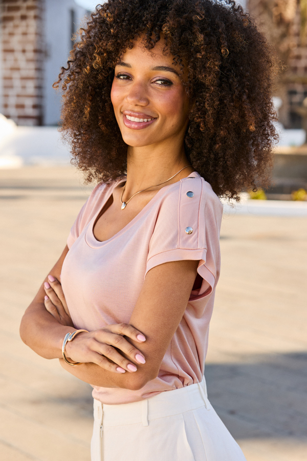 Soft Pink Button Shoulder Detail T-Shirt