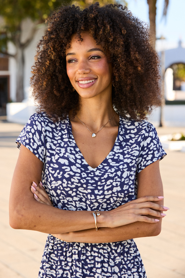 Navy Blue Abstract Print Shirred Waist Faux Wrap Dress