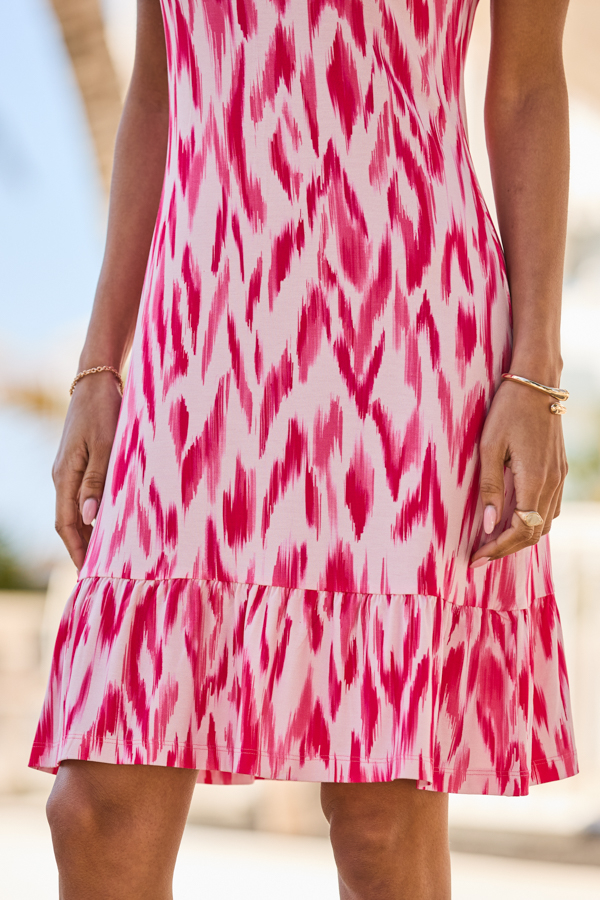 Pink Abstract Print Ruffle Hem Shift Dress