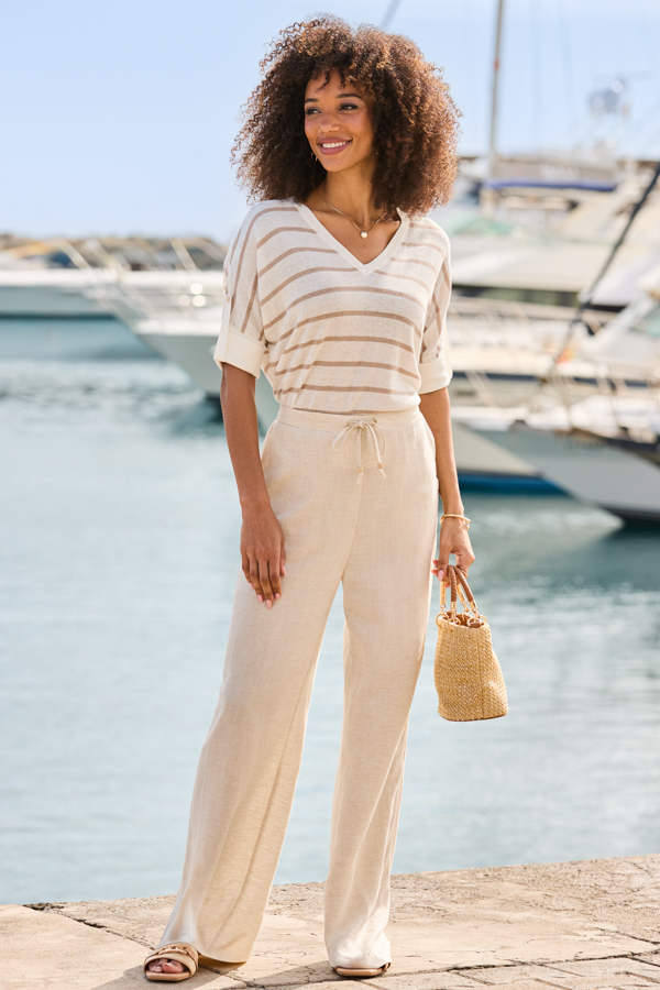 Ivory & Taupe Linen Blend Striped Tab Sleeve T-Shirt