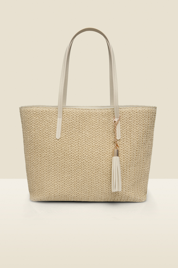 Natural Straw Raffia Tote Bag With Tassel & Seashell Charm