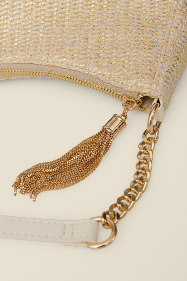 Ivory & Gold Raffia Shoulder Bag With Tassel Detail