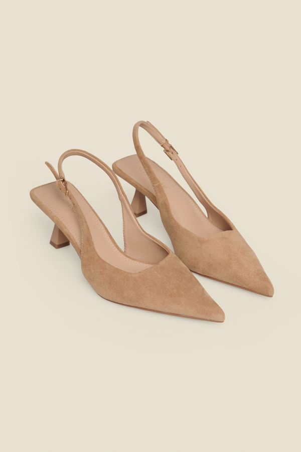 Tan Faux Suede Slingback Low Flared Heel Court Shoes
