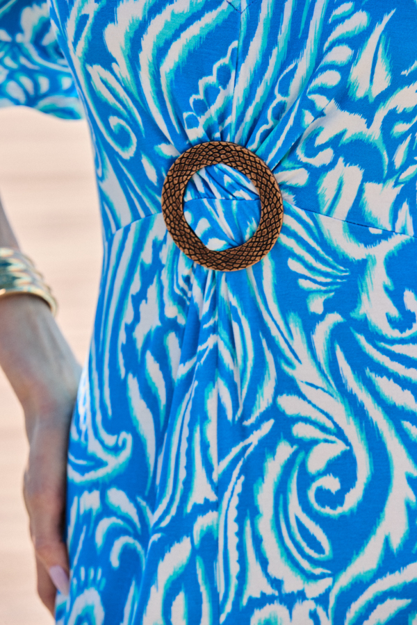 Blue Abstract Print Hoop Detail Midi Dress