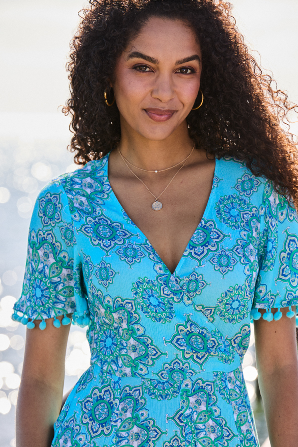 Aqua Paisley Print Pom Pom Trim Fit & Flare Dress