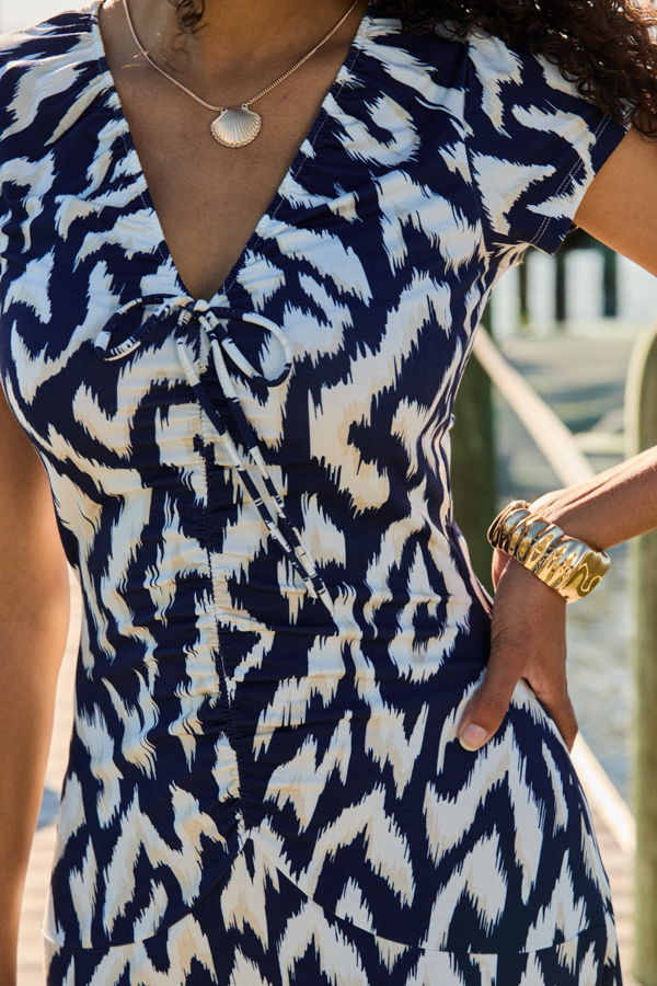 Navy Blue & White Aztec Print Ruched Front Fit & Flare Dress