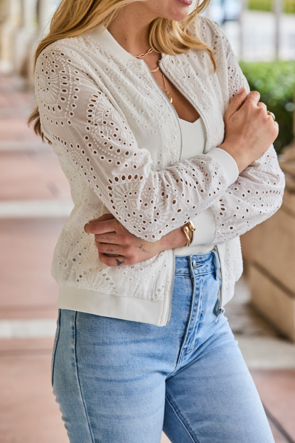 Ivory Broderie Detail Bomber Jacket