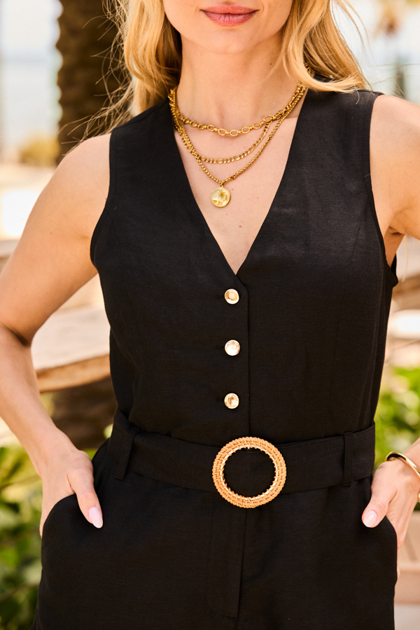 Black Linen Blend Button Front Belted Playsuit