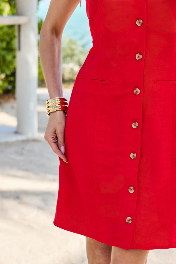 Red Linen Blend Button Front Shift Dress
