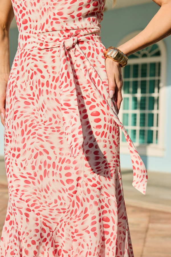 Coral & White Abstract Print Frill Hem Midaxi Dress