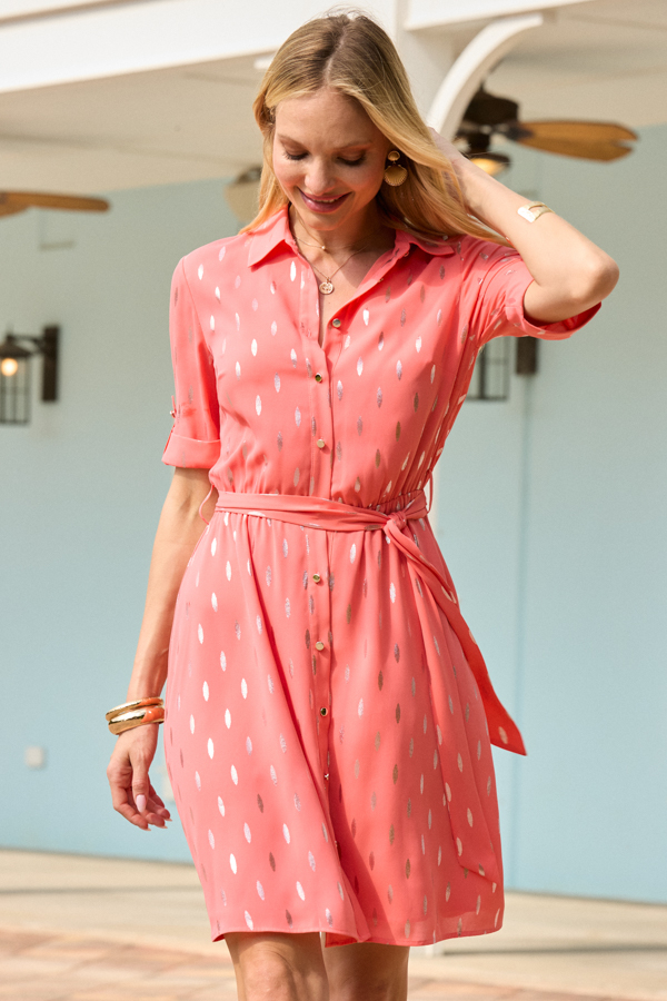 Coral & Silver Fleck Belted Shirt Dress