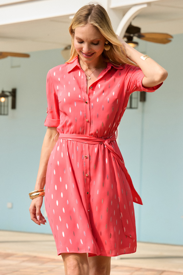 Coral & Silver Fleck Belted Shirt Dress