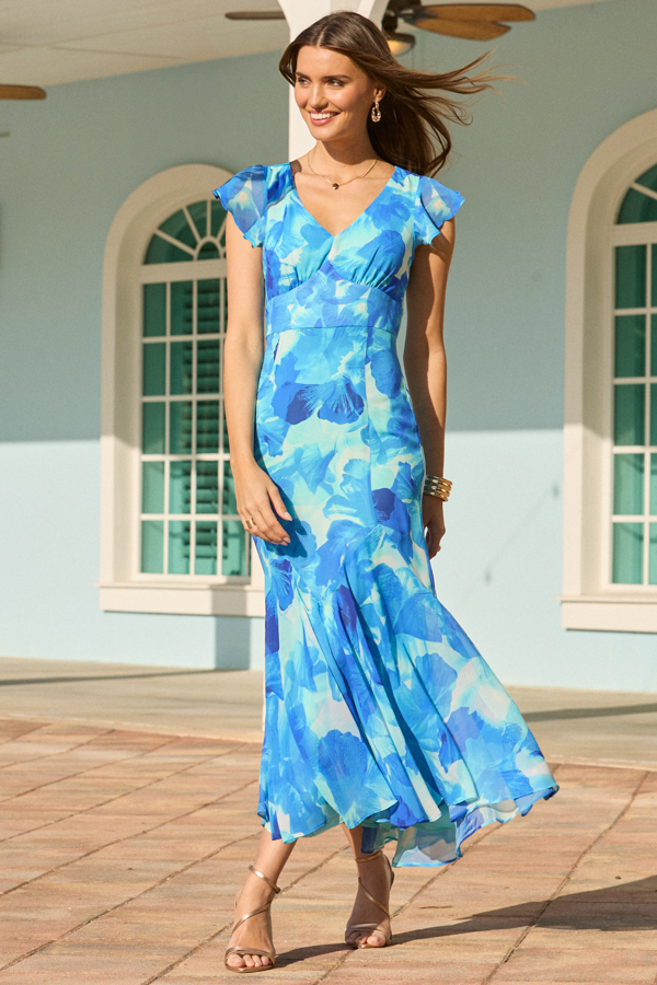 Blue Floral Print Chiffon Angel Sleeve Dress