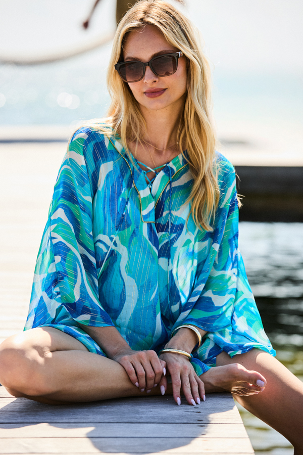 Blue Abstract Print Lurex Gold Trim Kaftan With Beaded Tassels