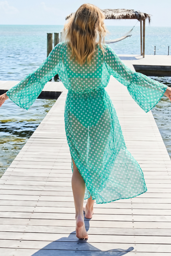 Green & White Spot Print Tie Waist Fluted Sleeve Beach Kaftan