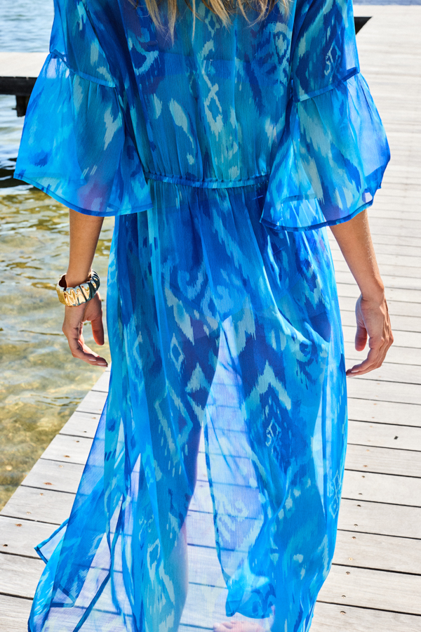 Blue Abstract Print Tie Waist Maxi Kaftan