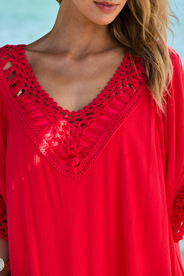 Coral Macrame Fringe Detail Kaftan