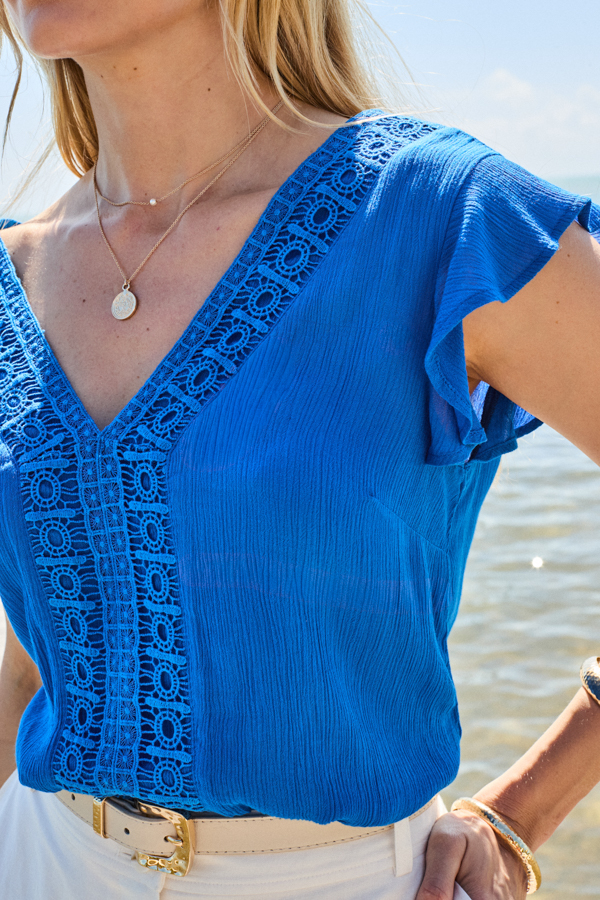 Cobalt Blue Crinkle Lace Detail Ruffle Sleeve Top