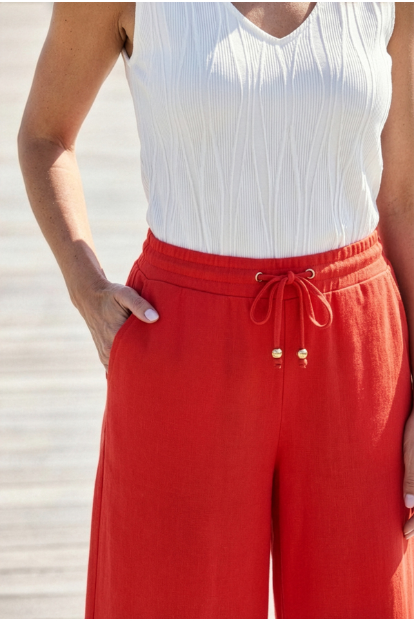 Coral Drawstring Waist Wide Leg Trousers