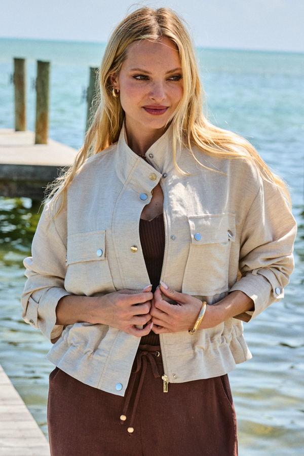 Taupe Linen Blend Funnel Neck Drawstring Jacket