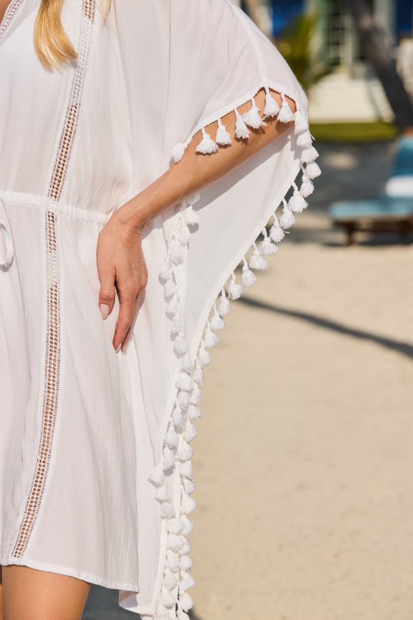 White Lace Insert Tie Waist Crinkle Kaftan