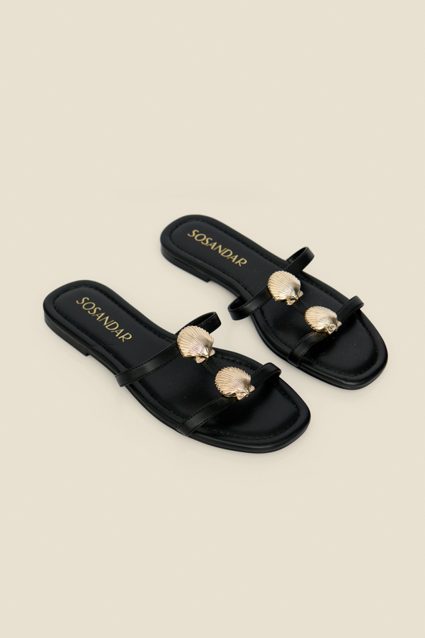 Black Seashell Strap Detail Flat Sandals