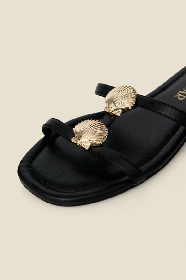 Black Seashell Strap Detail Flat Sandals