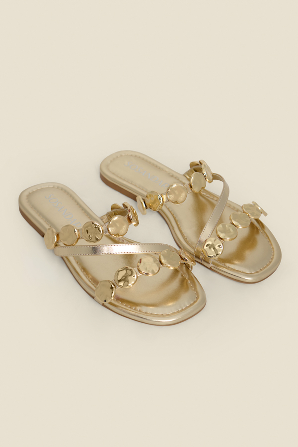 Gold Metallic Emblem Strap Detail Flat Sandals