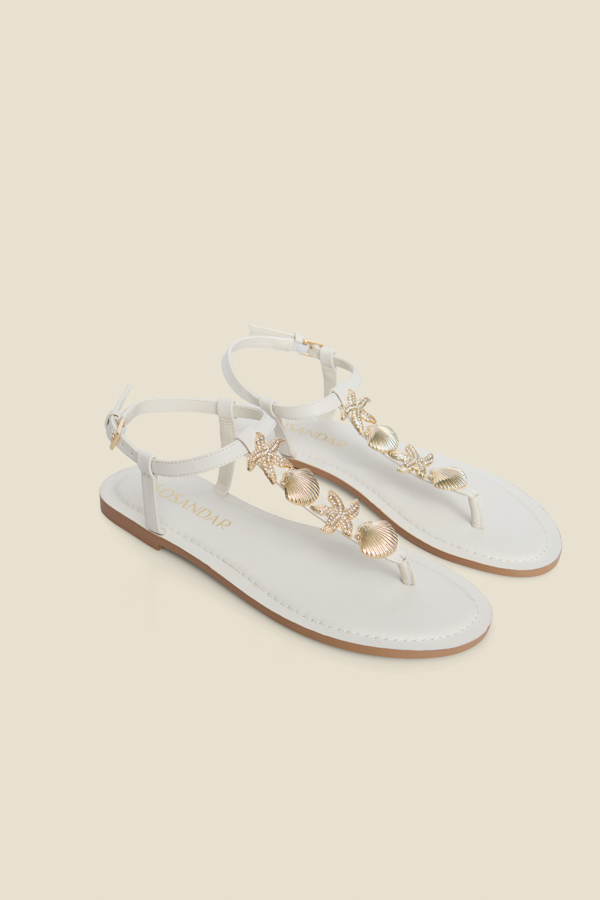 Ecru Jewel & Seashell Detail Toe Post Flat Sandals