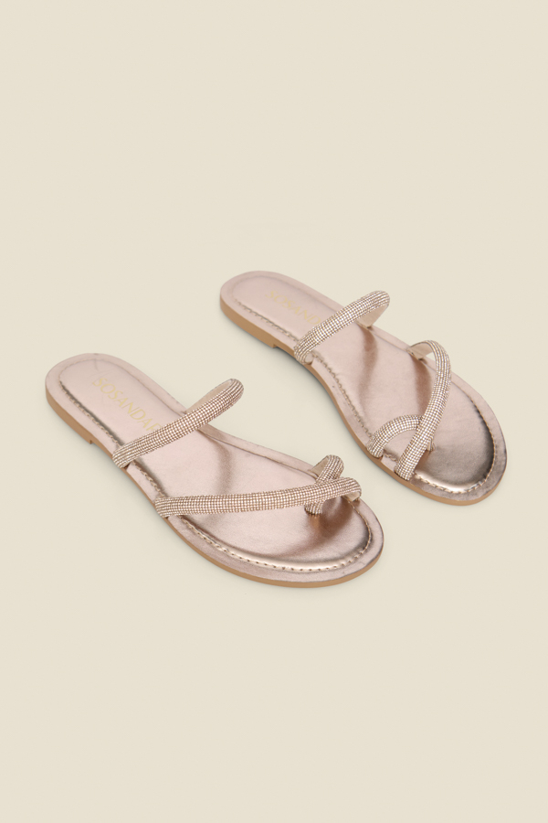Rose Gold Metallic Diamante Strap Flat Sandals