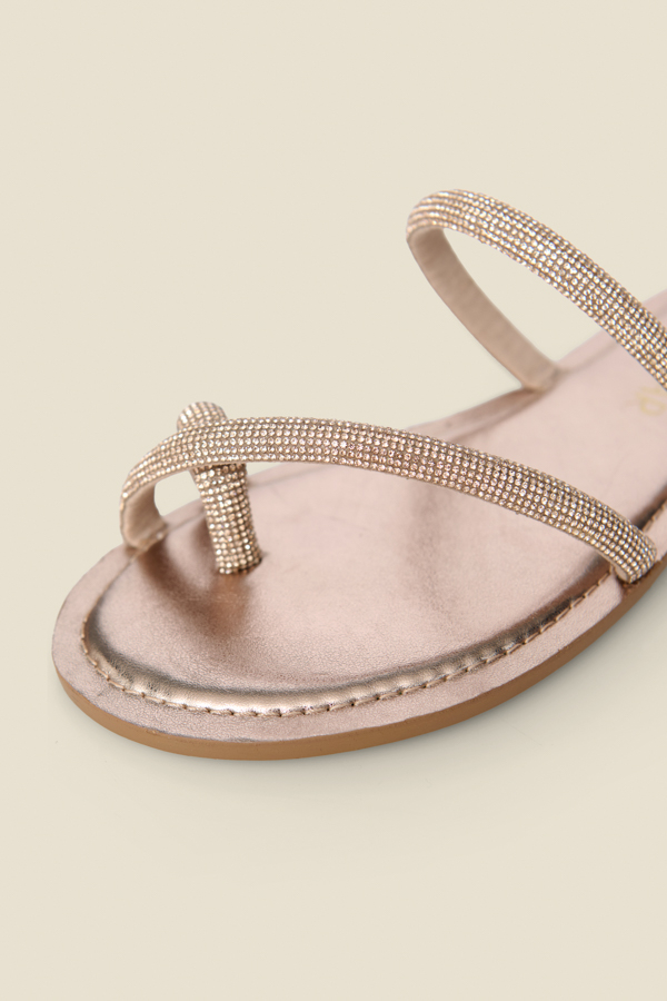 Rose Gold Metallic Diamante Strap Flat Sandals