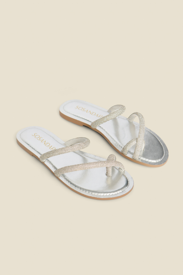 Silver Metallic Diamante Strap Flat Sandals