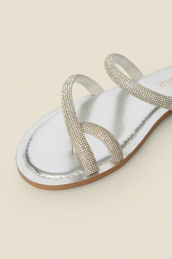 Silver Metallic Diamante Strap Flat Sandals