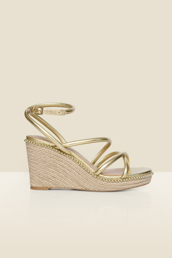 Gold Strappy Stud Embellished Detail Wedge Espadrilles