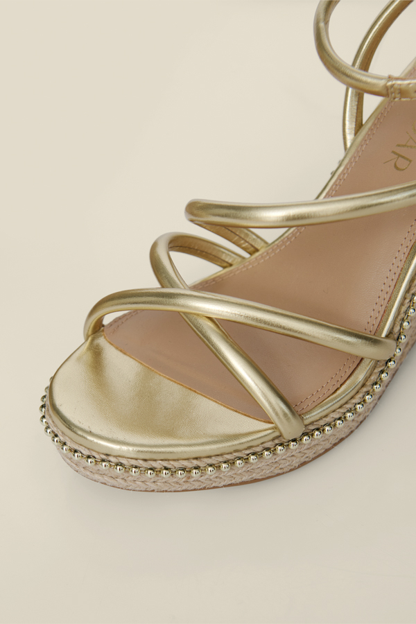 Gold Strappy Stud Embellished Detail Wedge Espadrilles