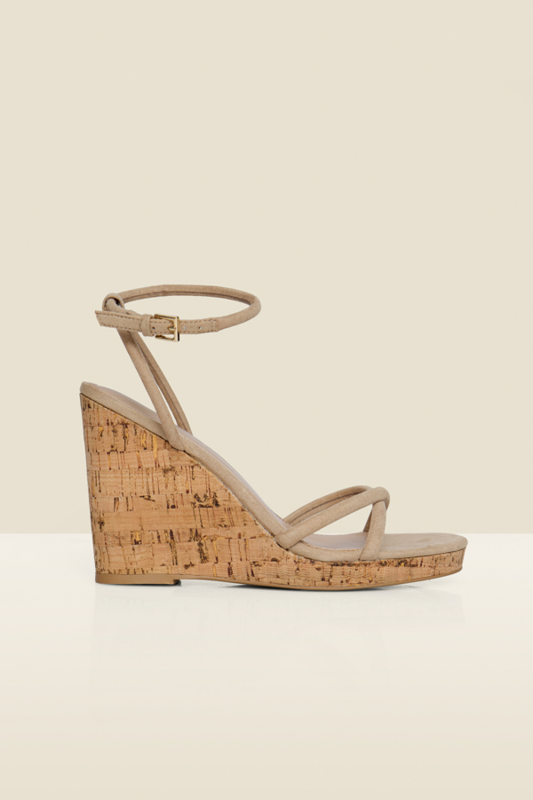 Taupe Faux Suede Strappy Cork Wedge Espadrilles