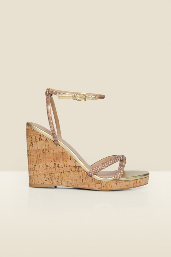 Rose Gold Metallic Diamante Strappy Cork Wedge Espadrilles
