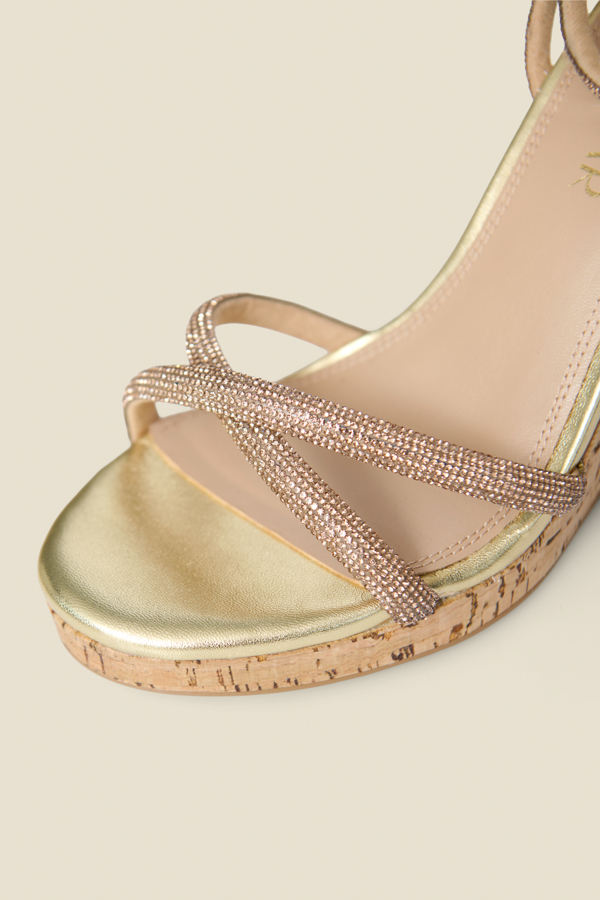 Rose Gold Metallic Diamante Strappy Cork Wedge Espadrilles