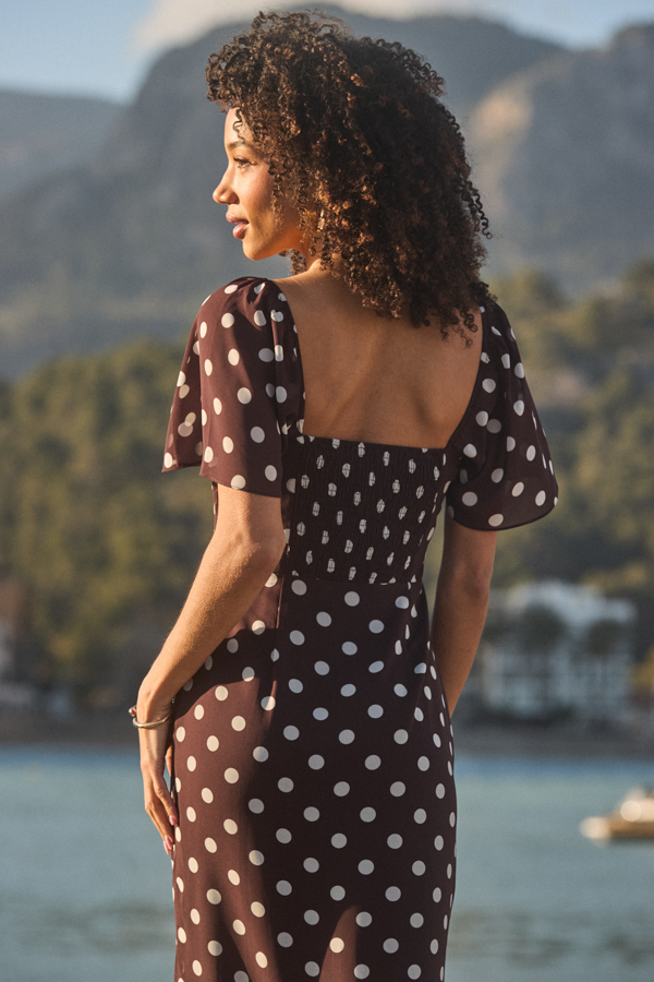 Chocolate Brown Polka Dot Ruffle Hem Dress