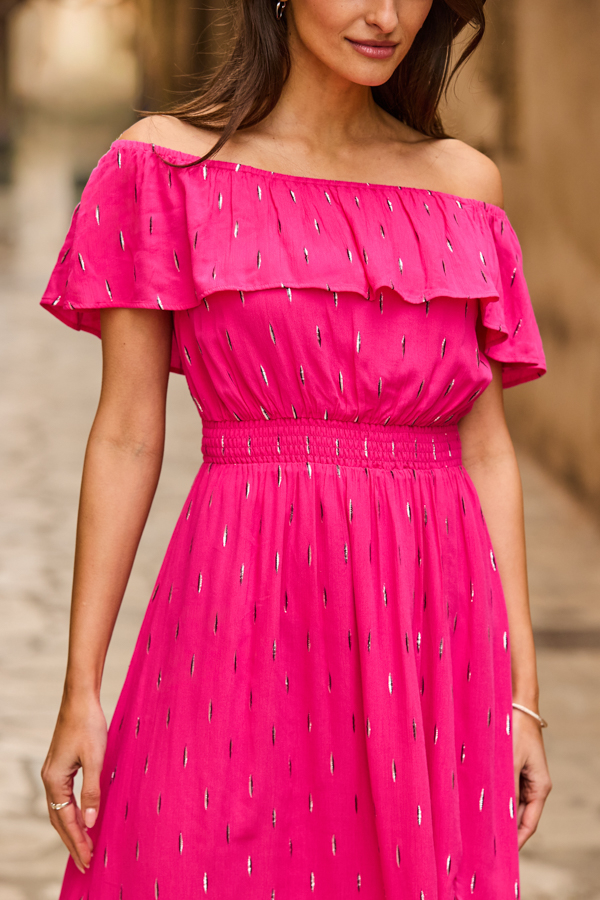 Pink Fleck Print Bardot Stretch Waist Dress