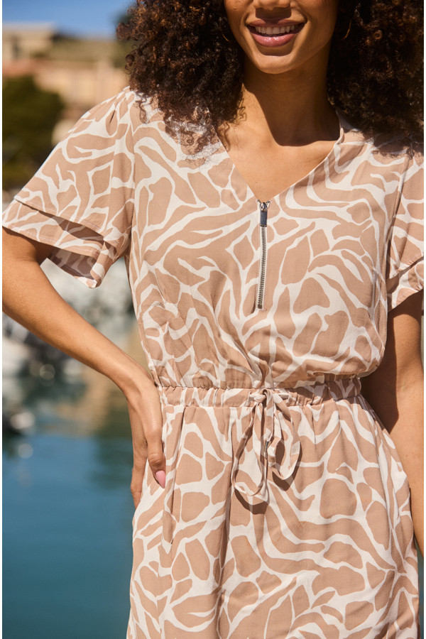 Neutral Morocco Print Flutter Sleeve Dress